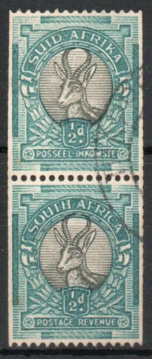 South Africa 1933-48 ½d pair coil stamps very fine used. SACC 55a. Cat R700 (2025)