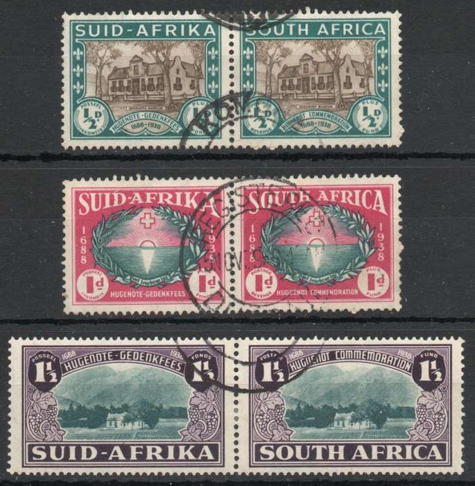 South Africa 1939 250th Anniv of Huguenot landing set of 3 pairs vfu. SACC 81-83. Cat R550 (2025)