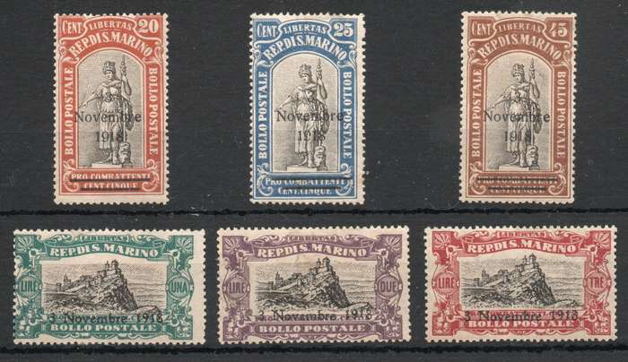 San Marino 1918 "Italian victory over Austria" set of 6 mounted mint. SG 67-72. Cat £55,60 (2013)