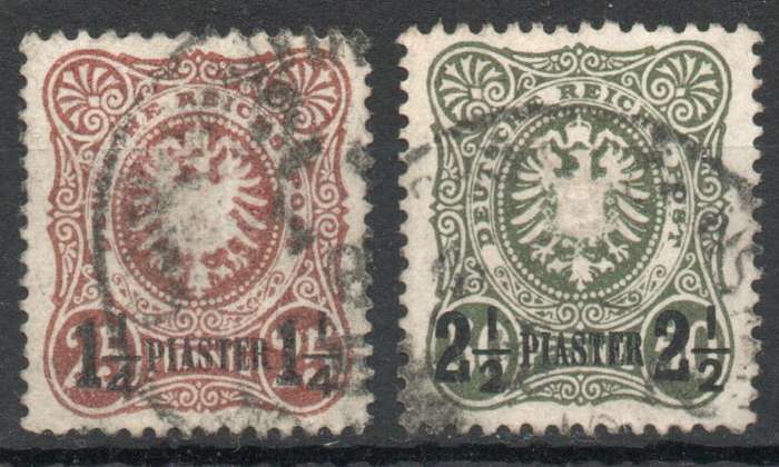 German Post Offices in Turkish Empire 1884 1¼pi on 25pf brown & 2½pi on 50pf green vfu. Cat £460