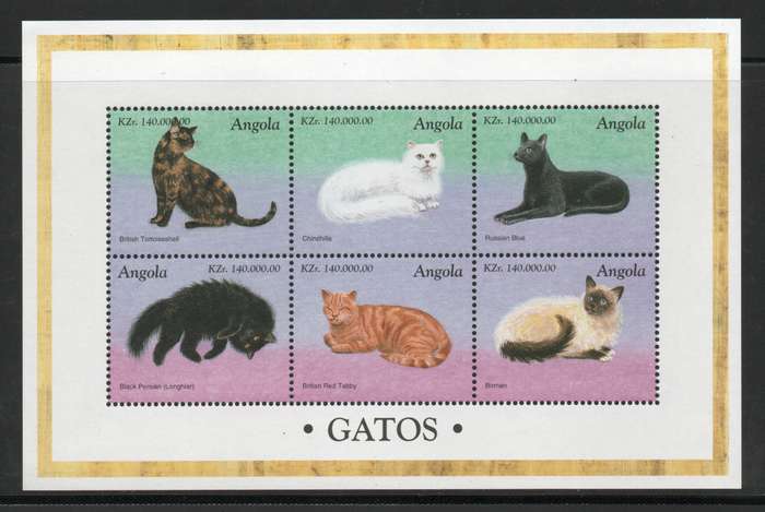 Angola 1998 Cats mini sheet of 6 unmounted mint. Part SG 1296. Cat £6. (2013)