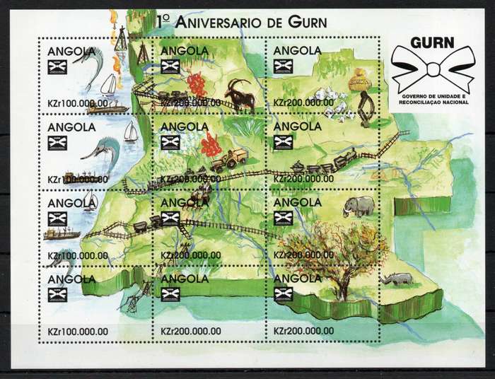 Angola 1998 First Anniversary of Government of Unity sheet of 12 umm. SG 1297-1308. Cat £30. (2013)