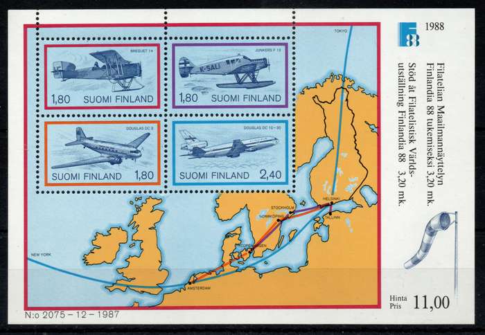 Finland 1988 Aircraft sheet of 4 unmounted mint. SG MS1152. Cat £10,50 (2013)