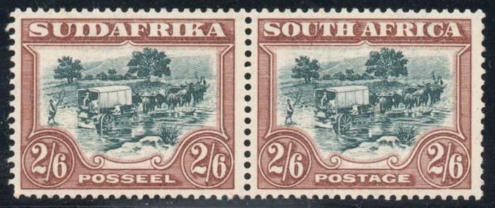 South Africa 1930-45 Defin 2/6d pair green & brown inverted wmk umm. SACC 50aa. Cat R14000 (2025)