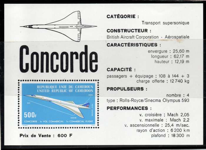 Cameroun 1976 Airplane Concorde first commercial flight mini sheet umm. SG 769. Cat £7,75. (2013)