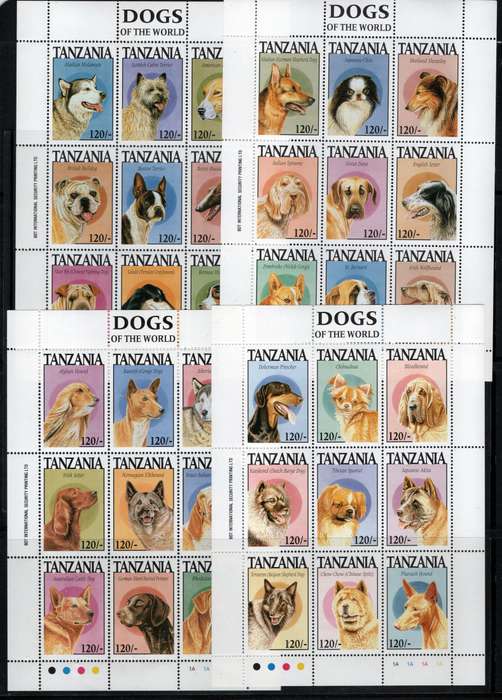 Tanzania 1994 Dogs of the world 36 stamps in 4 sheets of 9 umm. SG 1855-1890. Cat £20 (2013)