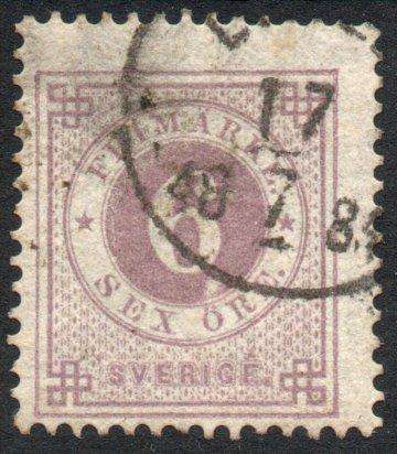 Sweden 1872 Definitive 6 ore mauve very fine used. SG 33. Cat £40 (2013)