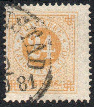 Sweden 1872 Definitive 24 ore yellow very fine used. SG 23a. Cat £21 (2013)