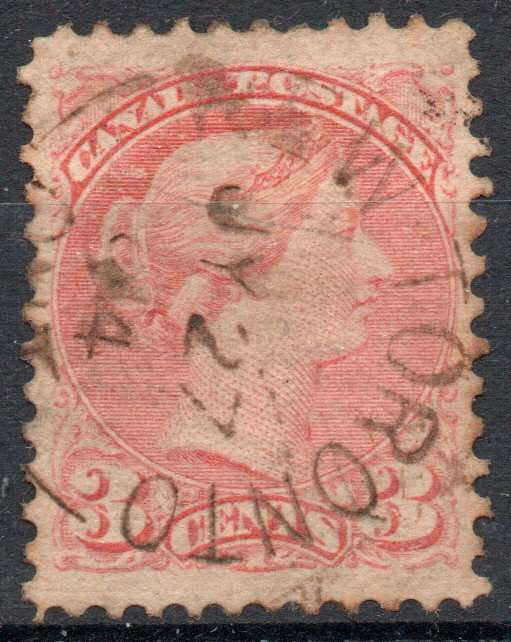 Canada 1870-90 QV 3c pale rose-red fine used. SG 80. Cat £17 (2022)