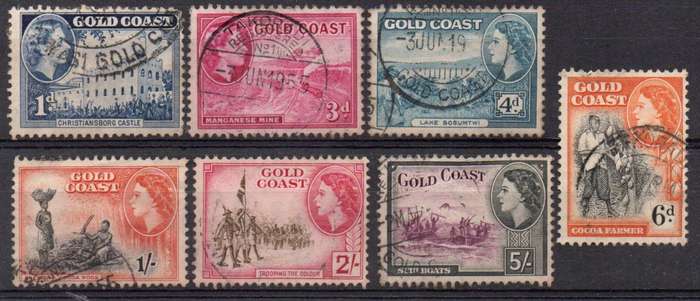 Gold Coast 1952-54 QEII Definitive part set of 6 used.  SG 154, 158-163. Cat £9,80 (2022)