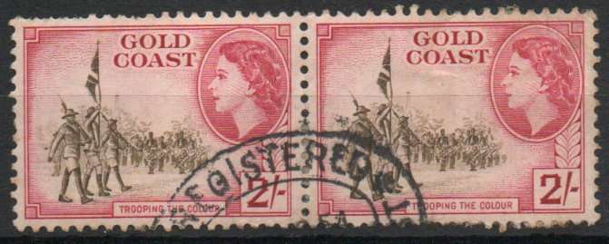 Gold Coast 1952-54 QEII Definitive 2/- horizontal pair used. (unsoaked) SG 162. Cat £2 (2022)
