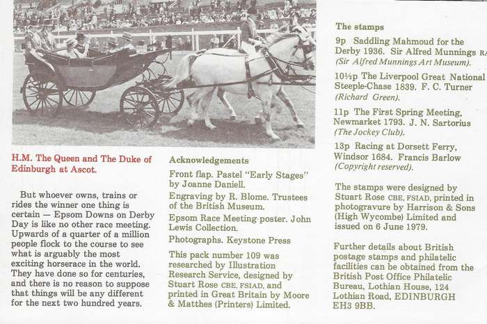 GREAT BRITAIN 1979, 9d-13d, presentation pack, SG 1088/90, horseracing CAT R 30