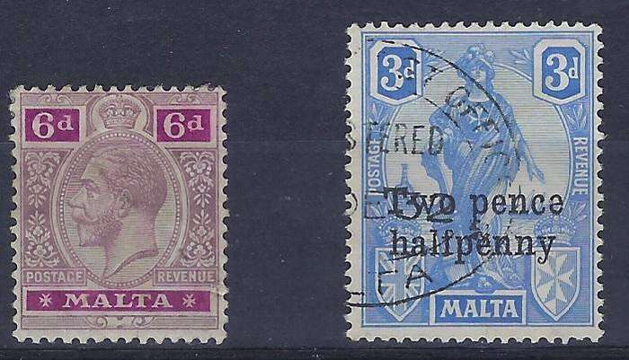 MALTA  1914/25  3d,6dmm and used  SG 80,142various multicolour CAT R 360