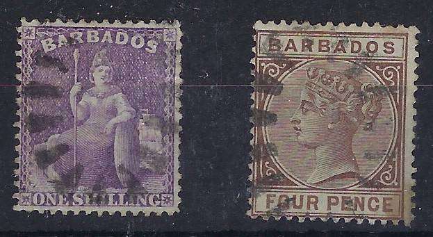 BARBADOS 1875/81 4d,1s used SG 81,98  various multicolour  CAT R 340
