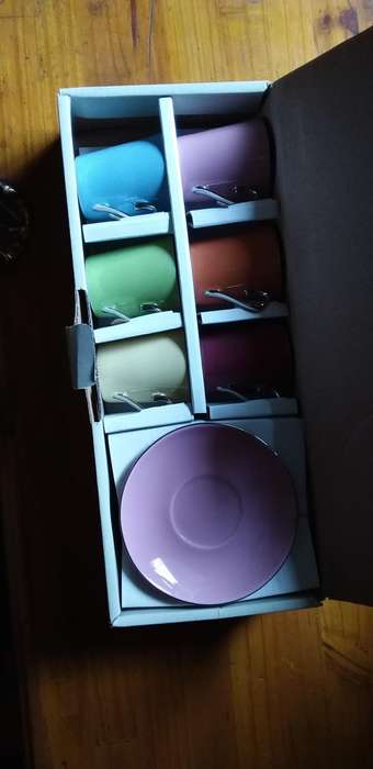 Six funky espresso cups and saucers from @home all six are different retro funky colors with silver