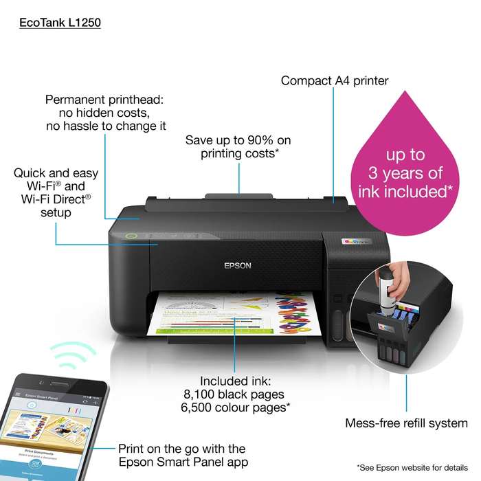 Epson L1250 EcoTank, A4 Singlefunction, Wi-Fi, Printer