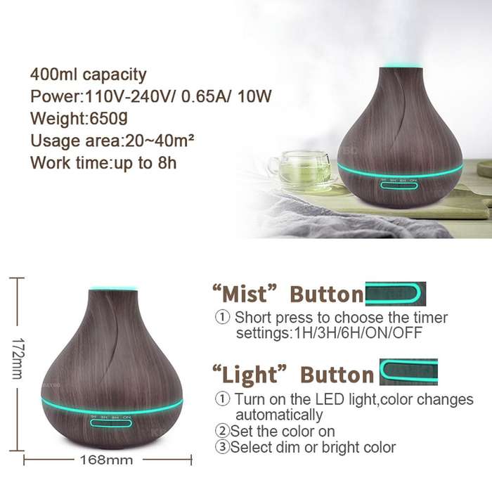 Woodgrain LED Aromatherapy Cool Mist Maker Essential Oil Diffuser (400ml)
