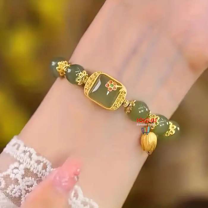 Lotus Beaded Glass Bracelet For Girls - Charming Green Beaded Bracelet with For Lotus Pod Charm