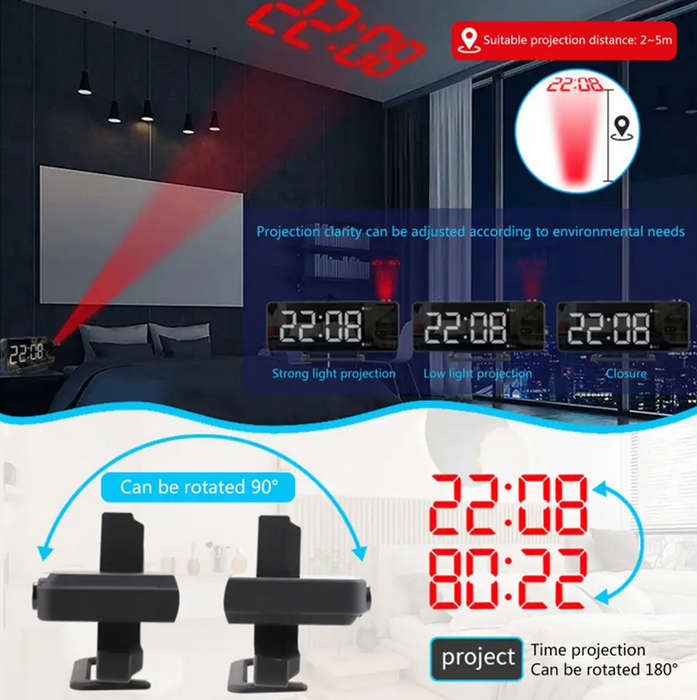 Mirror LED Digital Vibrating Projection Snooze Alarm Clock