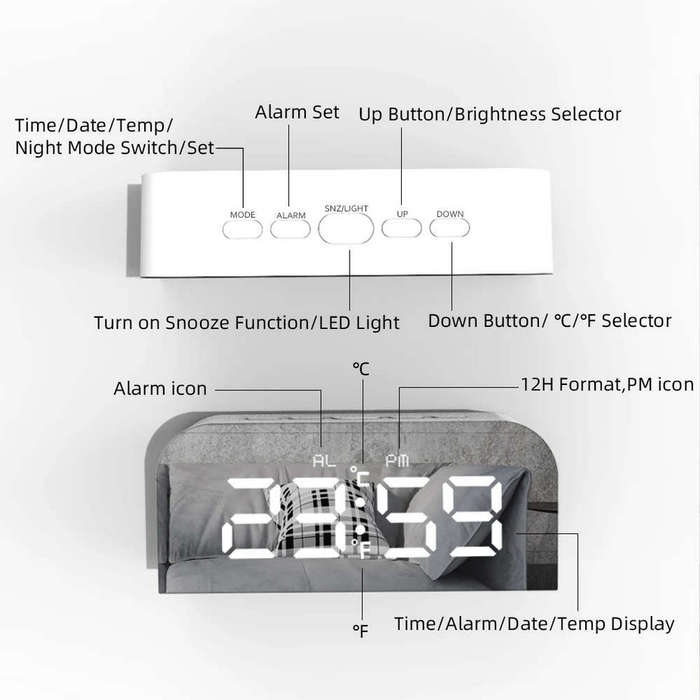 LED Mirror Clock with Alarm Snooze