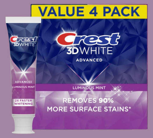 Crest 3D White Advanced Luminous Mint Teeth Whitening Toothpaste (Value 4-Pack)