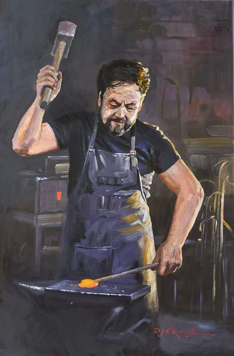 At work, Oil painting by Danie Cronjé on stretched canvas, 75x50 cm