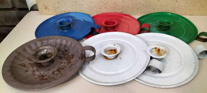 Collection of 6 Vintage Enameled Tin Candle Holders