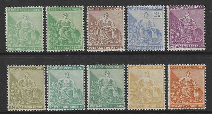 Cape 1893 extended set of 10 MNH/Superb mint. R 16,900. SACC 56/63, 56a, 61a, 62b.