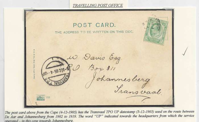 Cape/Transvaal 1905 TPO UP cds on card from Cape Town to Johannesburg.