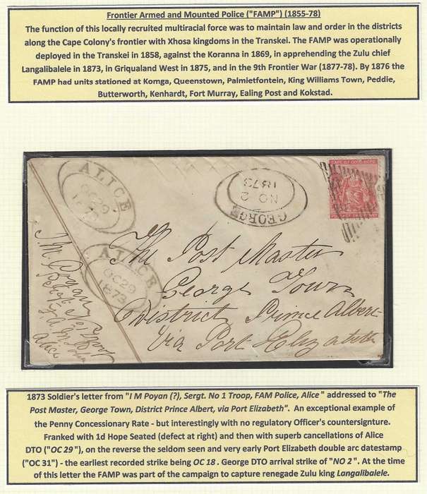 Cape: Rare and historic 1873 Soldier's letter (FAMP) Alice/Port Elizabeth/"George Town". See below.