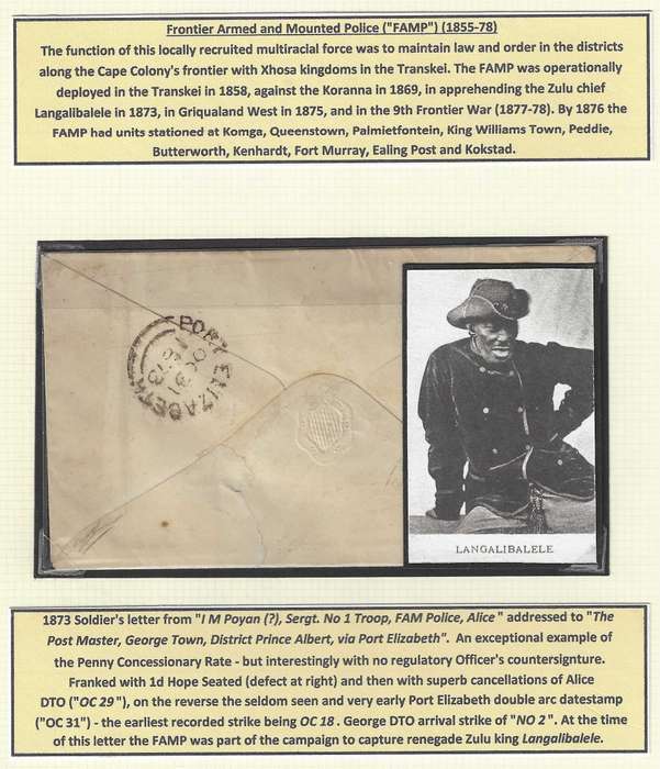 Cape: Rare and historic 1873 Soldier's letter (FAMP) Alice/Port Elizabeth/"George Town". See below.