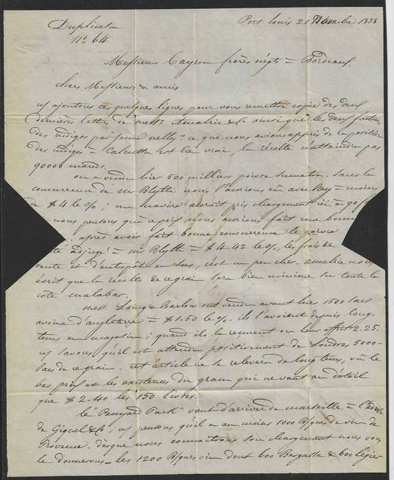 Mauritius 1838 Rare entire Port Louis via Brindisi to Bordeaux with scarce date stamps.