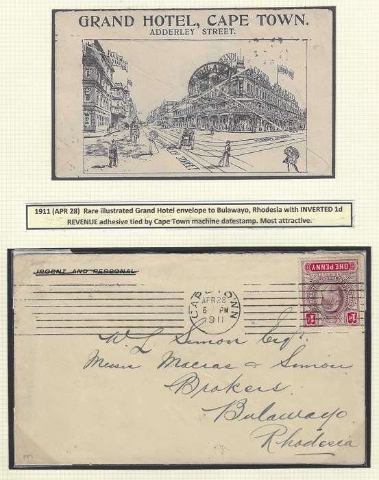 Cape rarity: Inverted Revenue on Grand Hotel envelope to Bulawayo. See below.