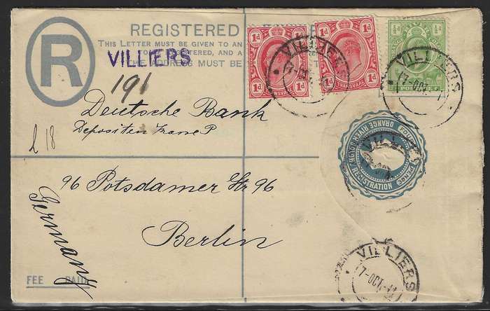 ORC 1911 Inter-provincial regd. Villiers straight line h/stamp.