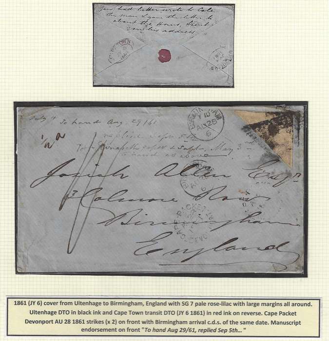 Cape 1861 Uitenhage DTO/Cape Town DTO/Devonport/Birmingham Packet letter (SG 7). Scarce. See below.