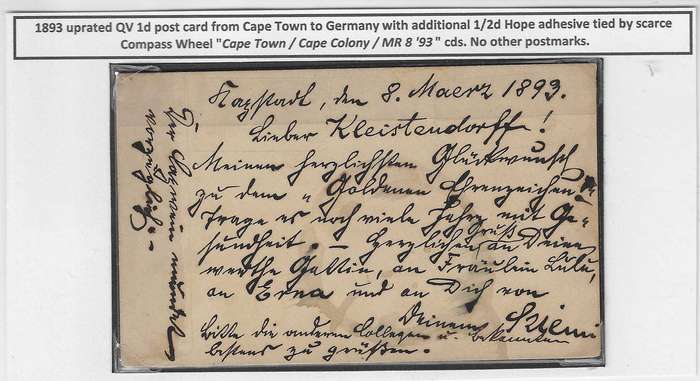 Cape 1893 scarce uprated Compass Wheel cds card Cape Town to Germany.
