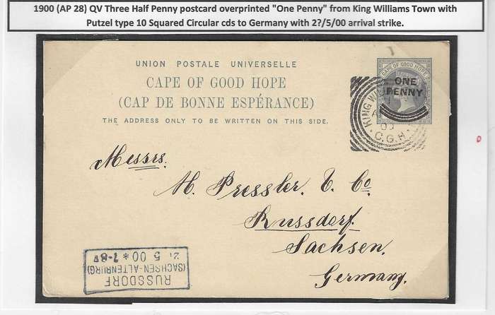 1900 QV Three Half Penny overprinted card KWT (Squared Circular cds) to Germany..