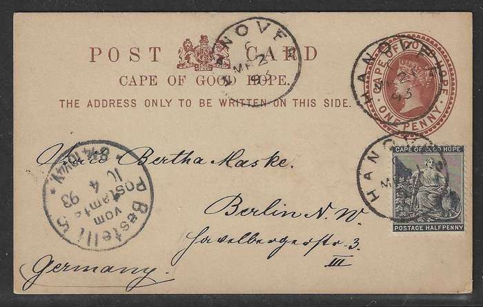 Cape 1893 uprated card Hanover to Germany.