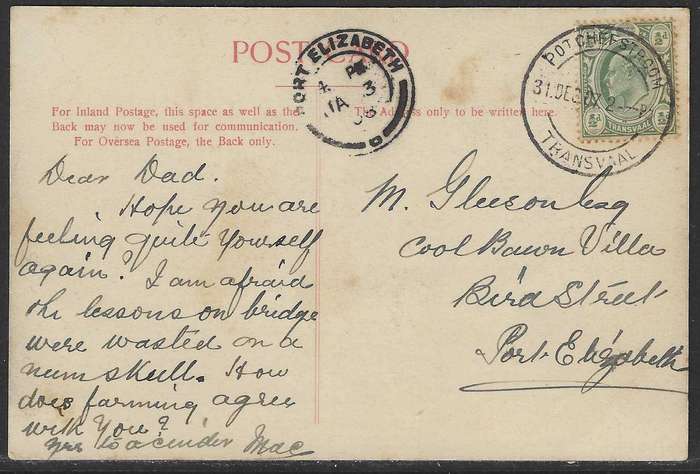 Transvaal: 1907 postcard POTCHEFSTROOM to Port Elizabeth..