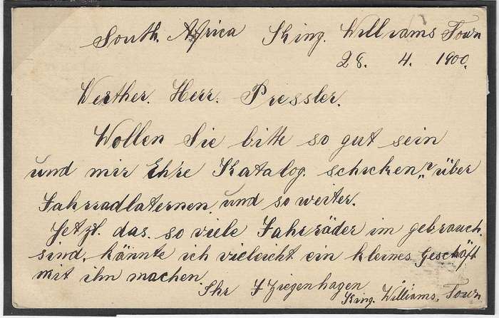 1900 QV Three Half Penny overprinted card KWT (Squared Circular cds) to Germany..