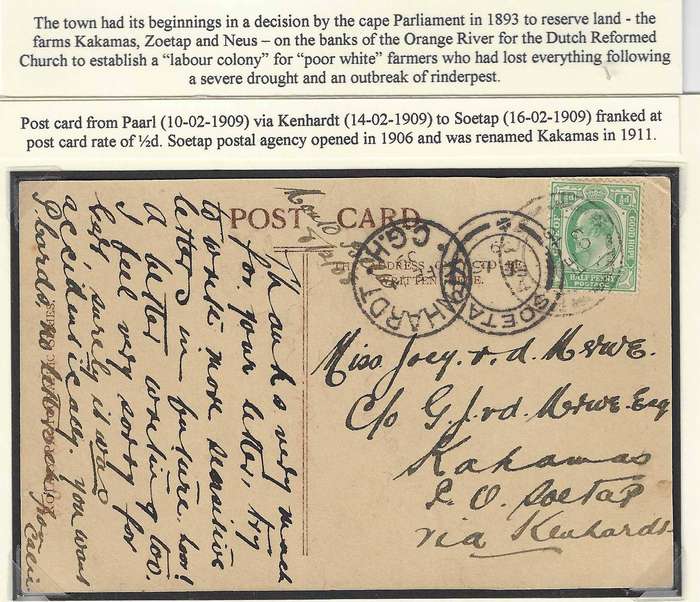 Cape 1909 Rare card from Paarl via Kenhardt to Soetap
