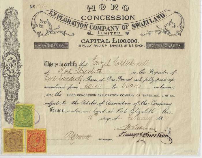 Scarce 1889 HORO Concession Exploration Company Share Certificate issued at Port Elizabeth.