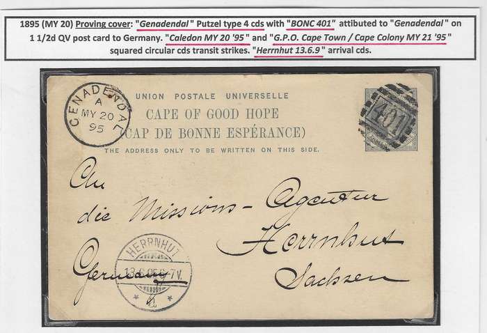 Cape 1895 Rare proving cover Genadendal cds and BONC 401 via Caledon & Cape Town to Germany.
