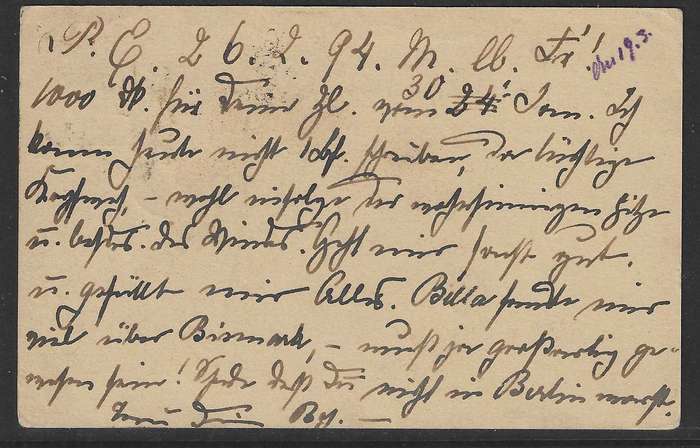 Cape 1894 card Port Elizabeth (squared octagon cds) via London to Germany.