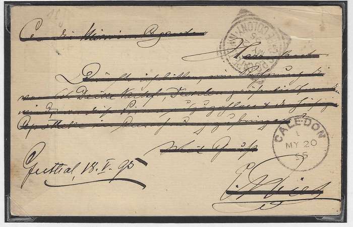 Cape 1895 Rare proving cover Genadendal cds and BONC 401 via Caledon & Cape Town to Germany.