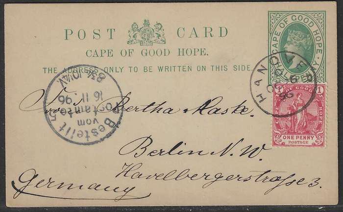 Cape 1896 uprated card Hanover to Germany.
