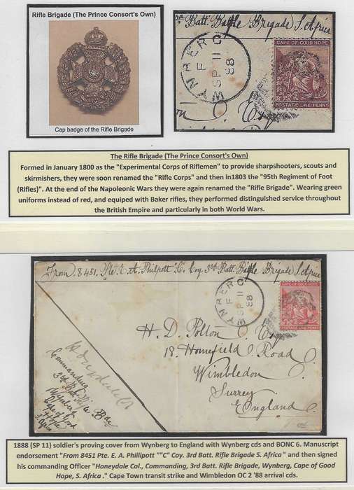 Cape 1888 (SP 11) scarce Rifle Brigade soldiers's letter proving cover Wynberg/England. See below.