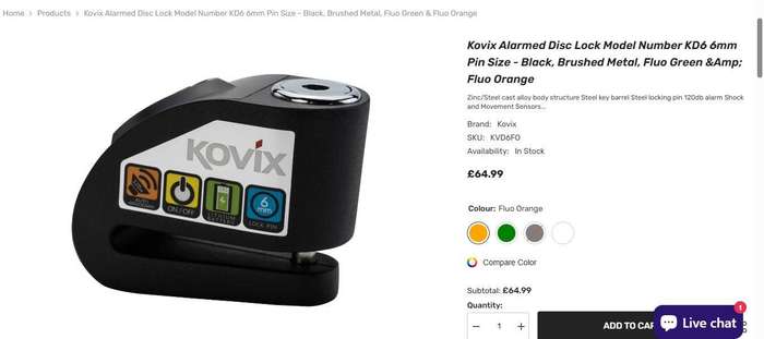 KOVIX Alarmed Disc Lock Model Number KD6 6mm Pin Size - Black