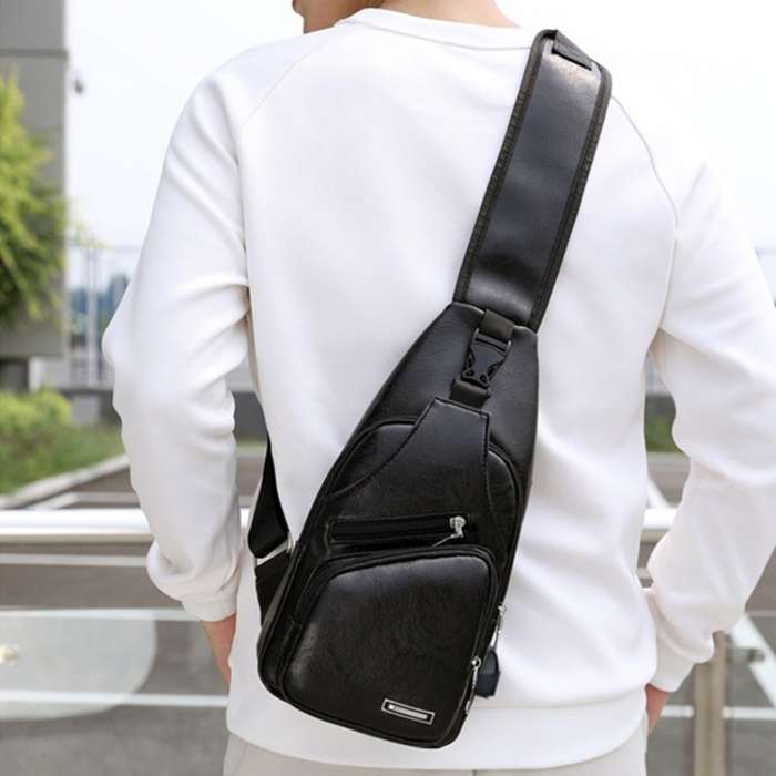 Leather Shoulder Bag for Men with USB Charging Port and Headphone Hole (Various Colors)