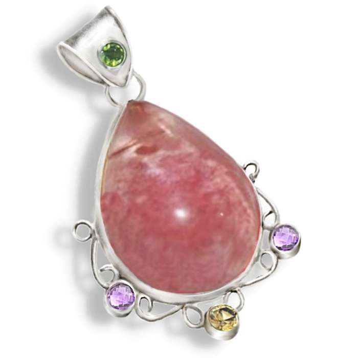 Genuine Rose Quartz with Needles and Mixed Gems in Solid .925 Sterling Silver Pendant